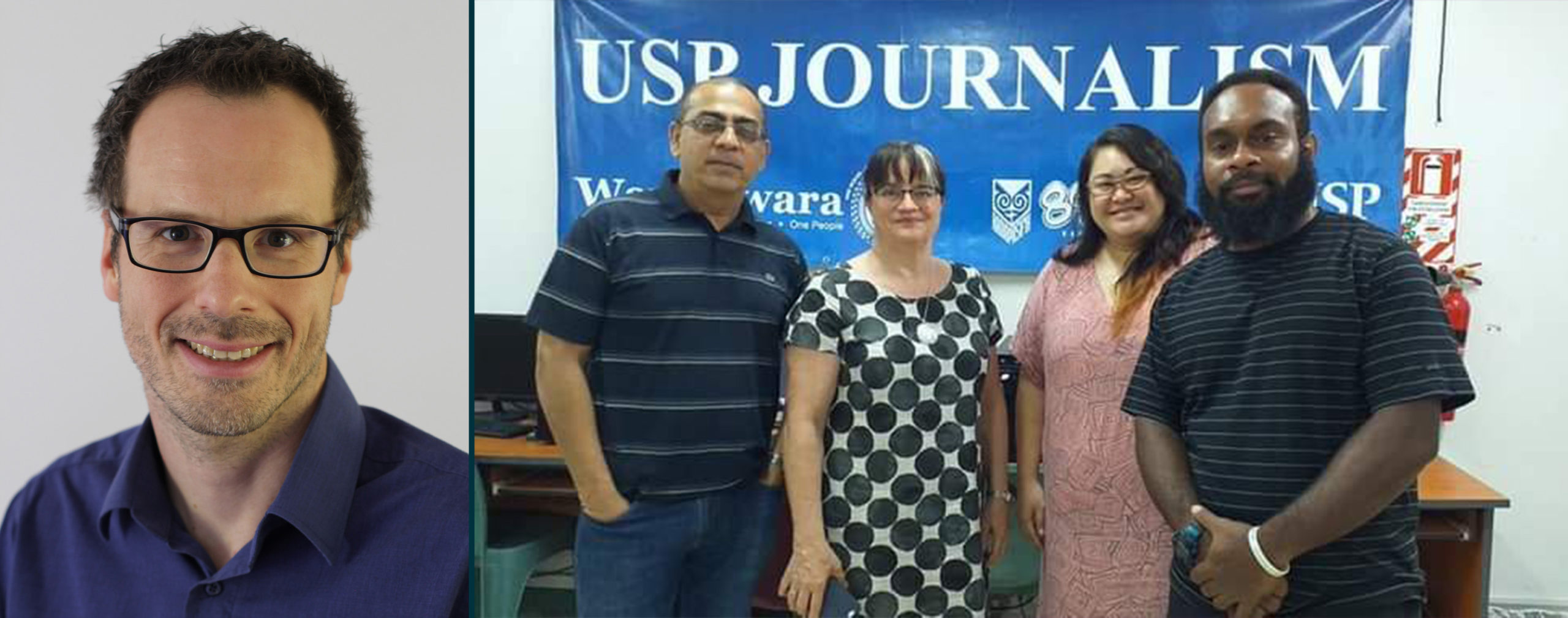(L) Professor Folker Hanusch (R) Associate Professor, Shailendra Singh with USP Journalism Teaching Assistants - Geraldine Panapasa and Eliki Drugunalevu.