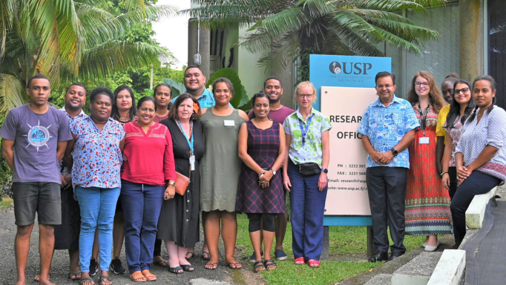 ACIAR's Capacity Building Officer for the Pacific, Ms Joy Hardman, PASS Program Coordinator, Dr Linda Wess and Communications Director for the PASS Program, Ms Tash Turgoose with USP staff and scholarship recipients.