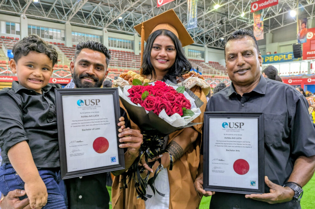 Ashika Lata celebrates with her family after graduating with two degrees at USP’s Laucala Campus