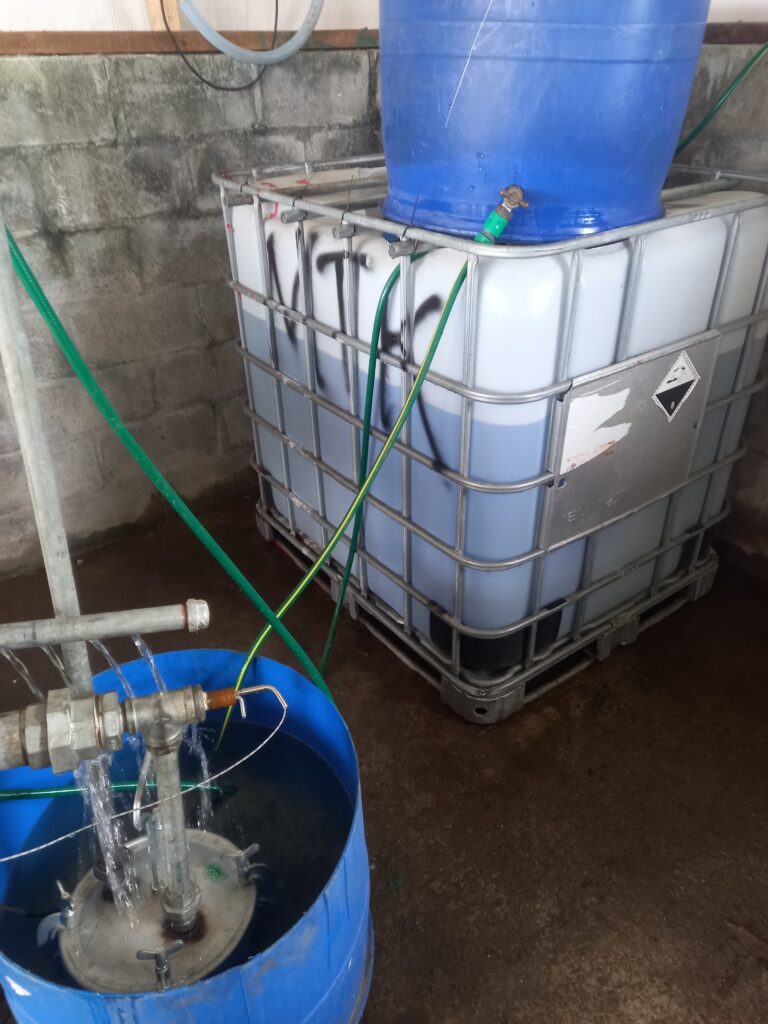 After pyrolysis, the condensed plastic waste is collected as fuel, while the produced gases are captured in an underwater tank
