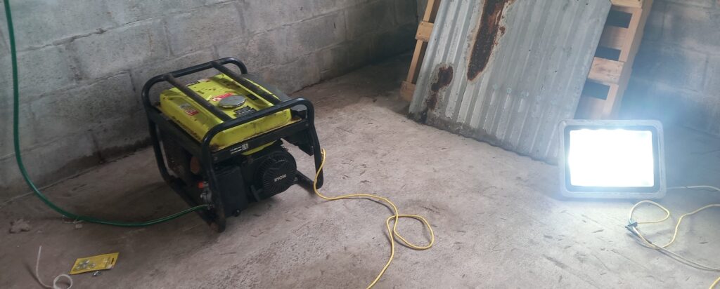 The gas produced from pyrolysis powers the generator, which in turn powers the floodlight